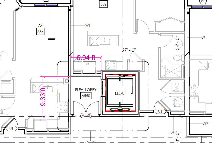 Architectural floor plan of a dedicated elevator lobby highlighting the square footage lost to traditional fire-rated walls and doors.